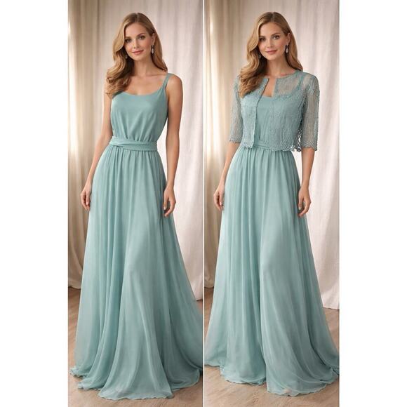 Jack Bryan Dresses & Skirts - Jack Bryan Seafoam Chiffon Maxi Dress w/ Beaded Sheer Jacket – Size 10